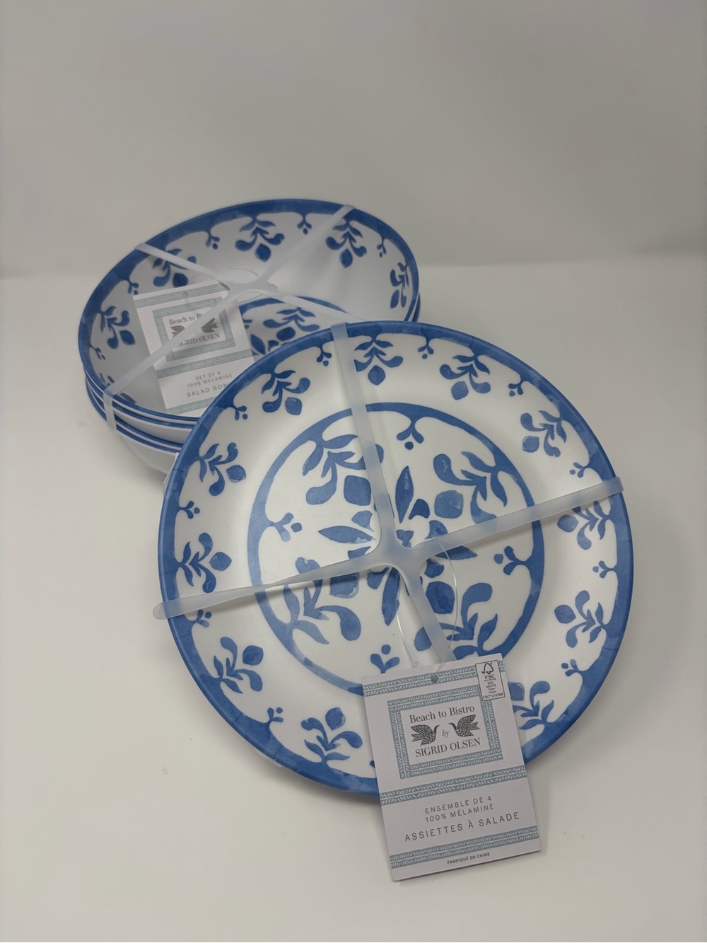 Beach to Bistro by Sigrid Olsen Set of 4 Blue White Melamine Salad Bowls &Plates
